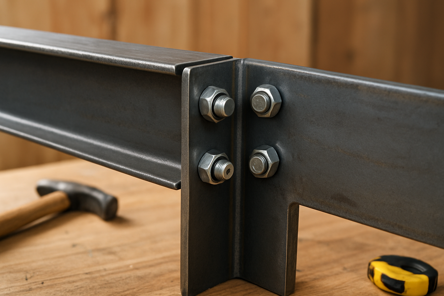 Close-up of a bolted steel connection showing nuts and bolts